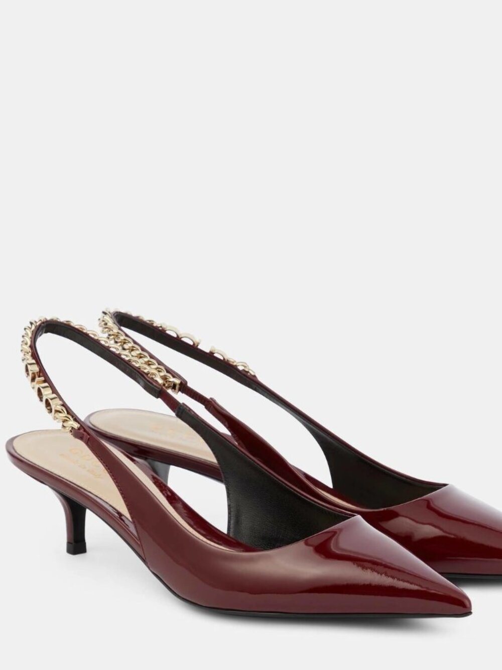 Gucci Signoria Patent Slingback Chain Signature Kitten Heel Sandals Shoes